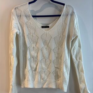 SHEIN White V-Neck Sweater with Cable Knit Design